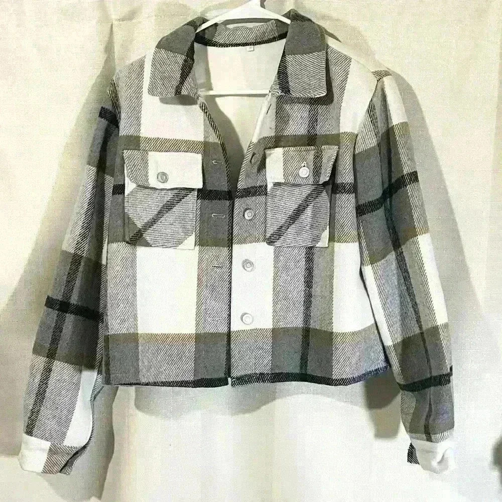 Women Fleece Cropped Jacket Flannel Plaid Jacket